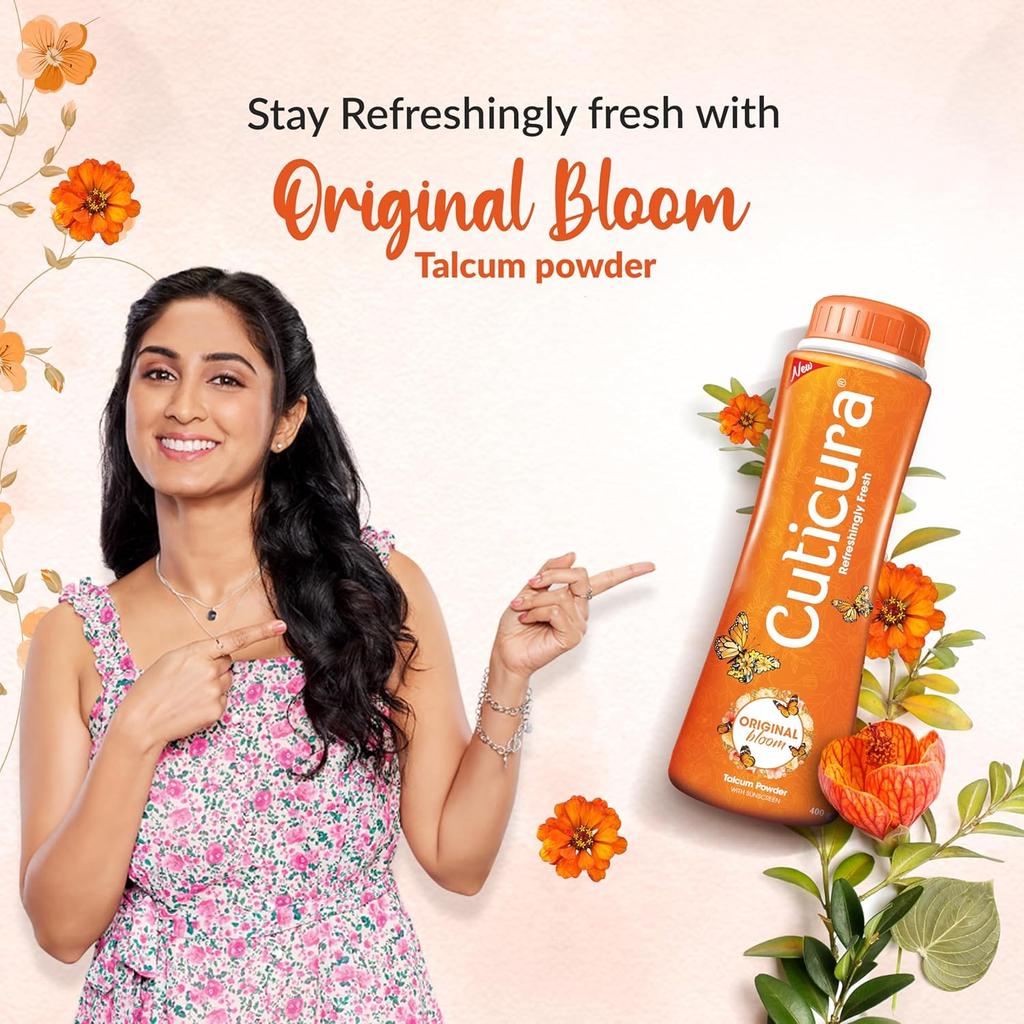 Cuticura Original Bloom Talcum Powder With Sunscreen 400g | Odour Control And Long Lasting Fragrance | Vegan Cruelty Free Refreshing Fresh Body Talc