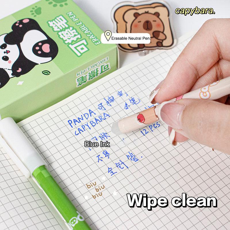 12Pcs Cartoon Capybara Panda Gel Pen Writing Smooth Quick-Drying Blue Erasable Pens Kawaii Student Stationery Office Supplies