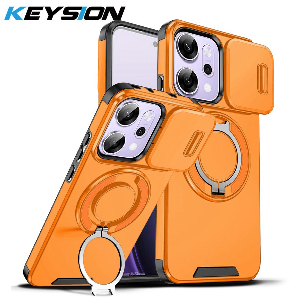 KEYSION 360° Ring Stand Phone Case for OPPO Reno14 Pro 5G Slide Camera Protection Magnetic Shockproof Cover for OPPO Reno14 F 5G