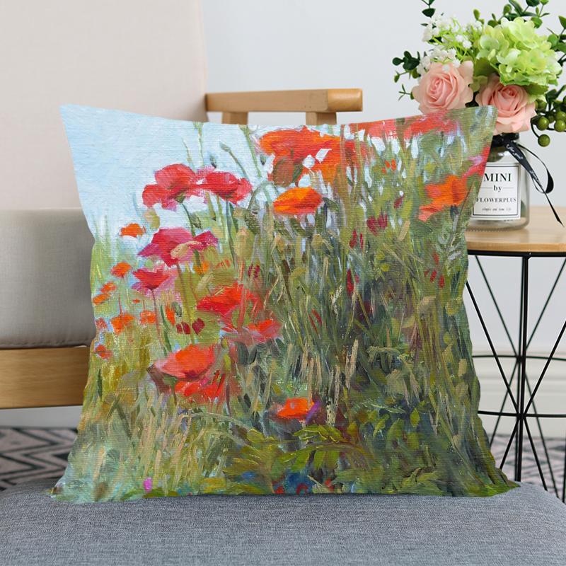 Red Poppy Flower Print Pattern Pillow Case Home Living Room Sofa Bedroom Decoration Soft Throw Square