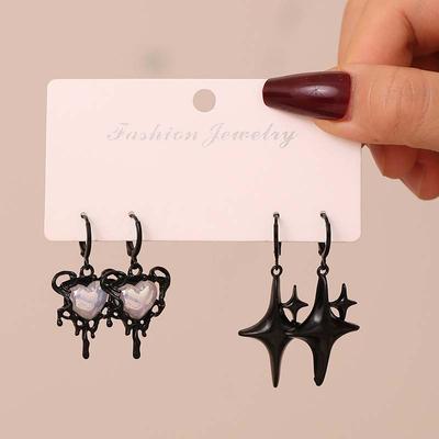 Gothic Punk Black Color Heart Star Pendant Earrings Set for Women Egirl Simple Opal Stone Cross Earrings Aesthetic Y2K Jewelry