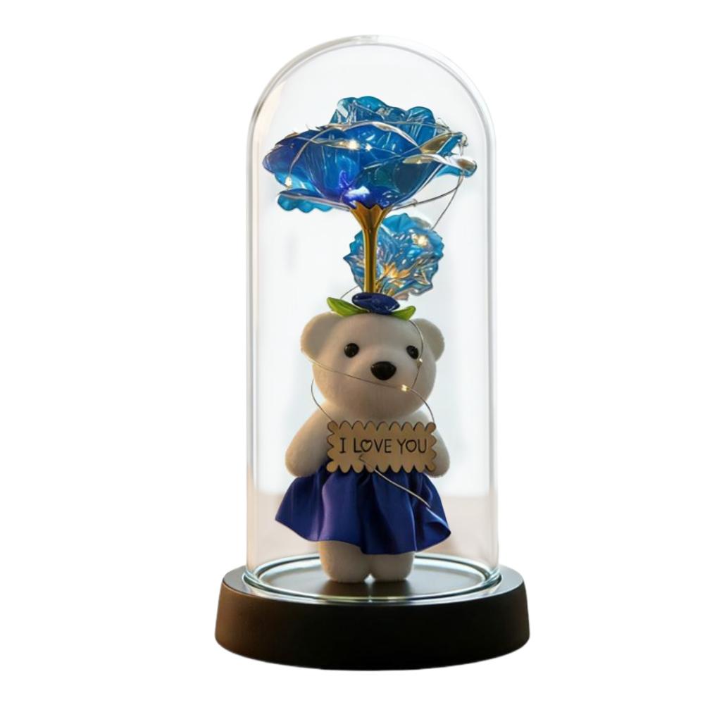 

Preserved Rose Bear Acrylic Dome Gift Eternal Gold Foil Flower Bouquet LED Light Romantic Valentine Anniversary Birthday Present
