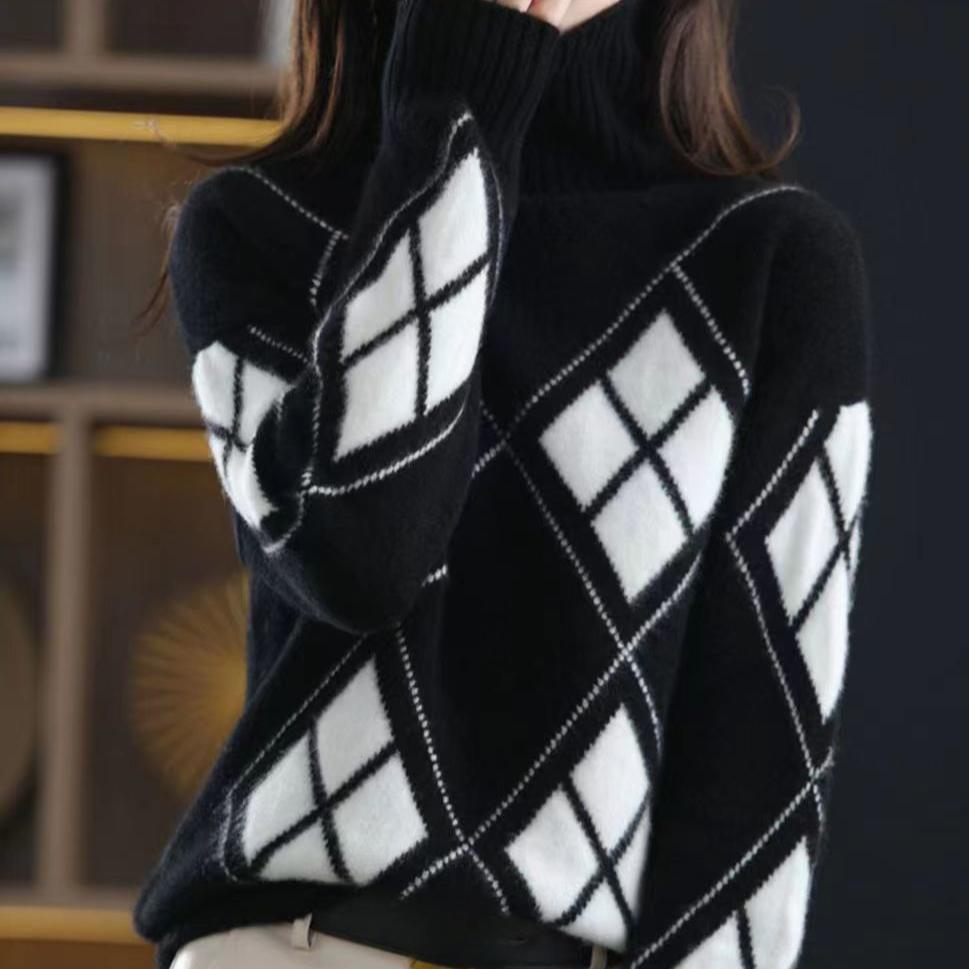 

Водолазка осень/зима с геометрическим принтом, плотный трикотаж, свободный свитер, трикотажный топ, эластичный джемпер 2XL чёрный