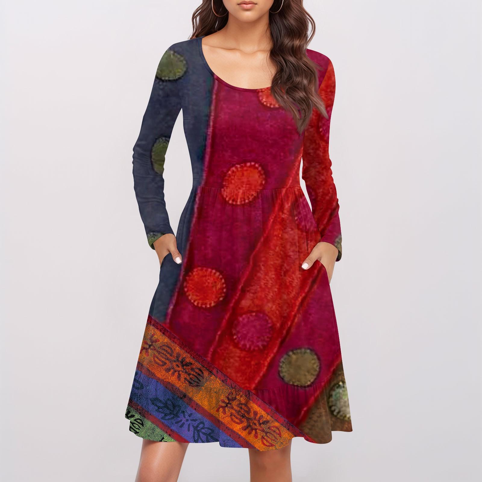 

Женское модное платье с круглым вырезом и длинными рукавами, с принтом, свободная талия, плиссированное повседневное платье M винный