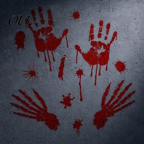 Stain-proof Window Cling Halloween Blood Handprints/Footprints Wall Stickers, Removable Decals, Spooky Waterproof PVC Decal DIY Decoration for Living