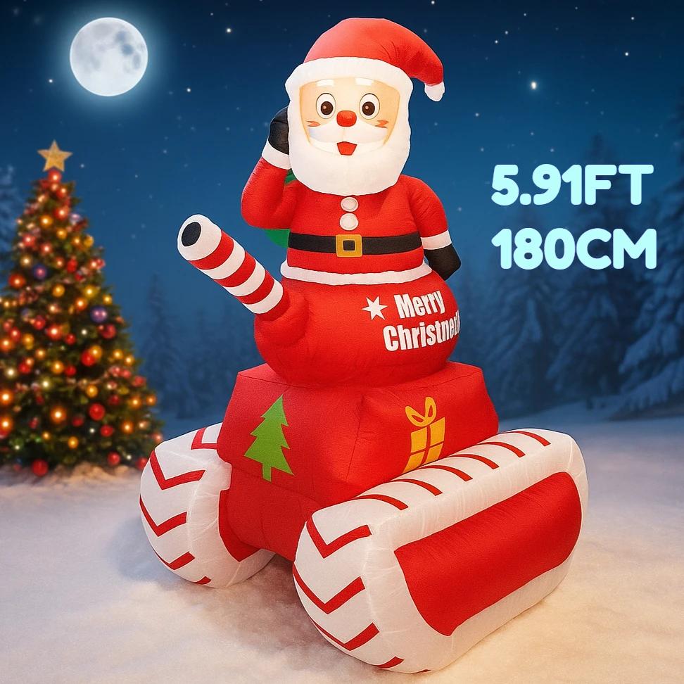 5.91FT Inflatable Toy Santa Candy Cane Sleigh LED Tank Festive Gift Xmas Decoration for Yard Christmas Supplies Home Decoration