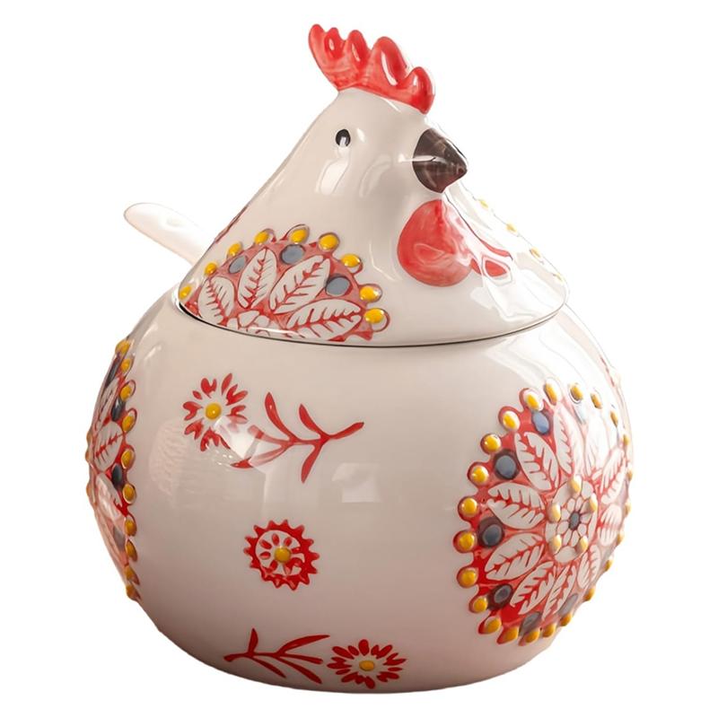 

AB66-Large Salt Cellar With Lid And Spoon(13 OZ), Salt Holder For Counter, Chicken Salt Jar, Coffee And Candies Storage червоний