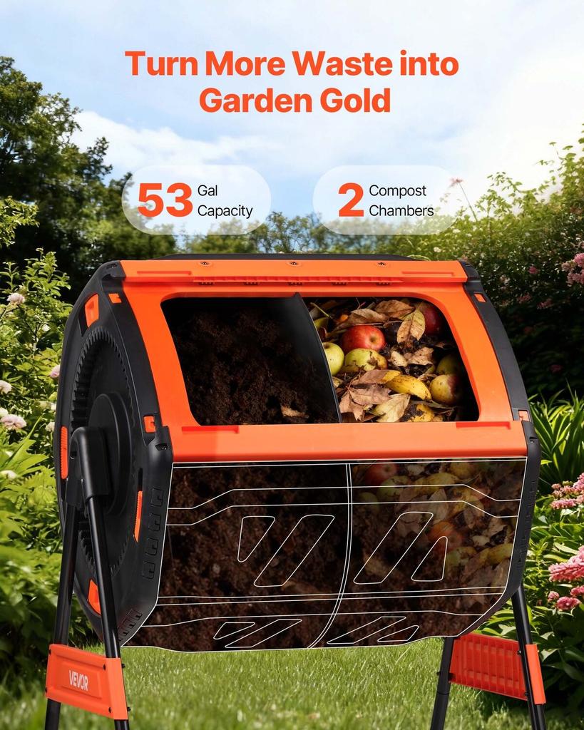Compost Tumbler, 200L Dual Chamber Outdoor Tumbling Composter with 2 Sliding Doors and Aeration System, Large Easy-Turn Fast Rotating Composting Bin