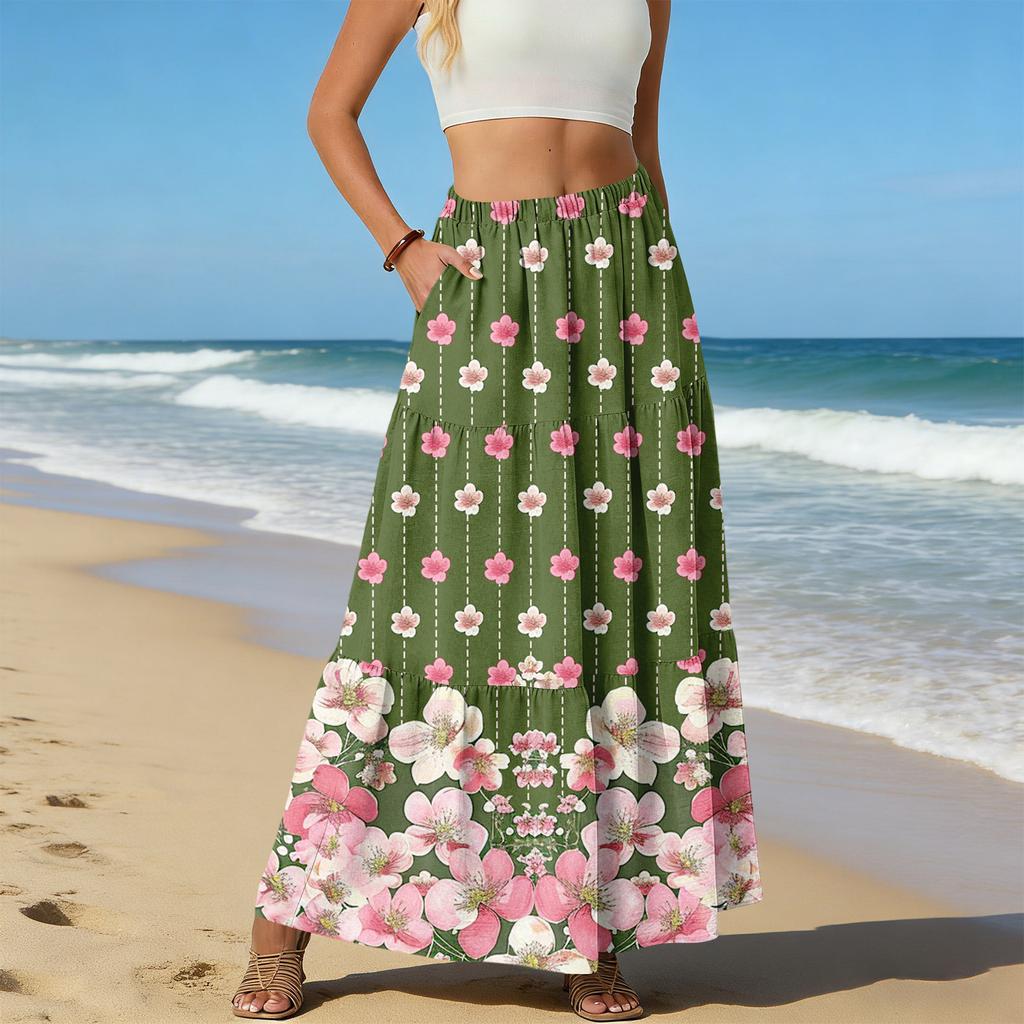 Women's Casual High Waist Drawstring A-line Skirt Color Skirt With Pockets