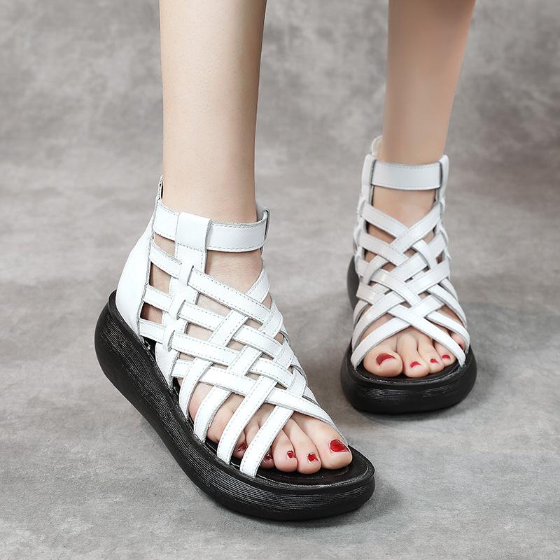 Genuine Leather Roman Women Flat Shoes Women's High Heel Sandals Fashion Casual Sandals New Hollow Open Toe Shoes Female Summer