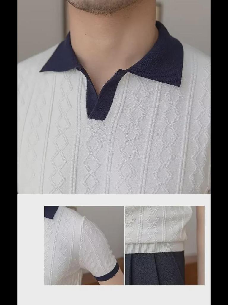 Trendy Italiaanse Kleurblok Polo voor Heren: Lichtgewicht, Ademend, Slim Fit, V-kraag, Jacquard Gebreide Korte Mouw