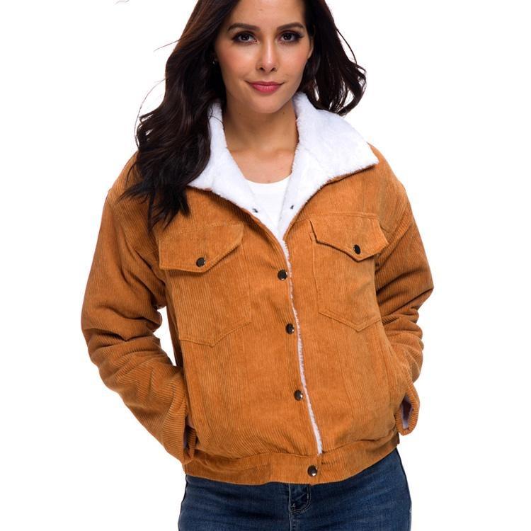 Women Winter Coat Thick Faux Fur Lined Parka Corduroy Bomber Jacket Cute Outwear Jackets