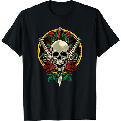 Skull Face with Roses - 80s 90s Rock Music Guns and Skull T-Shirt