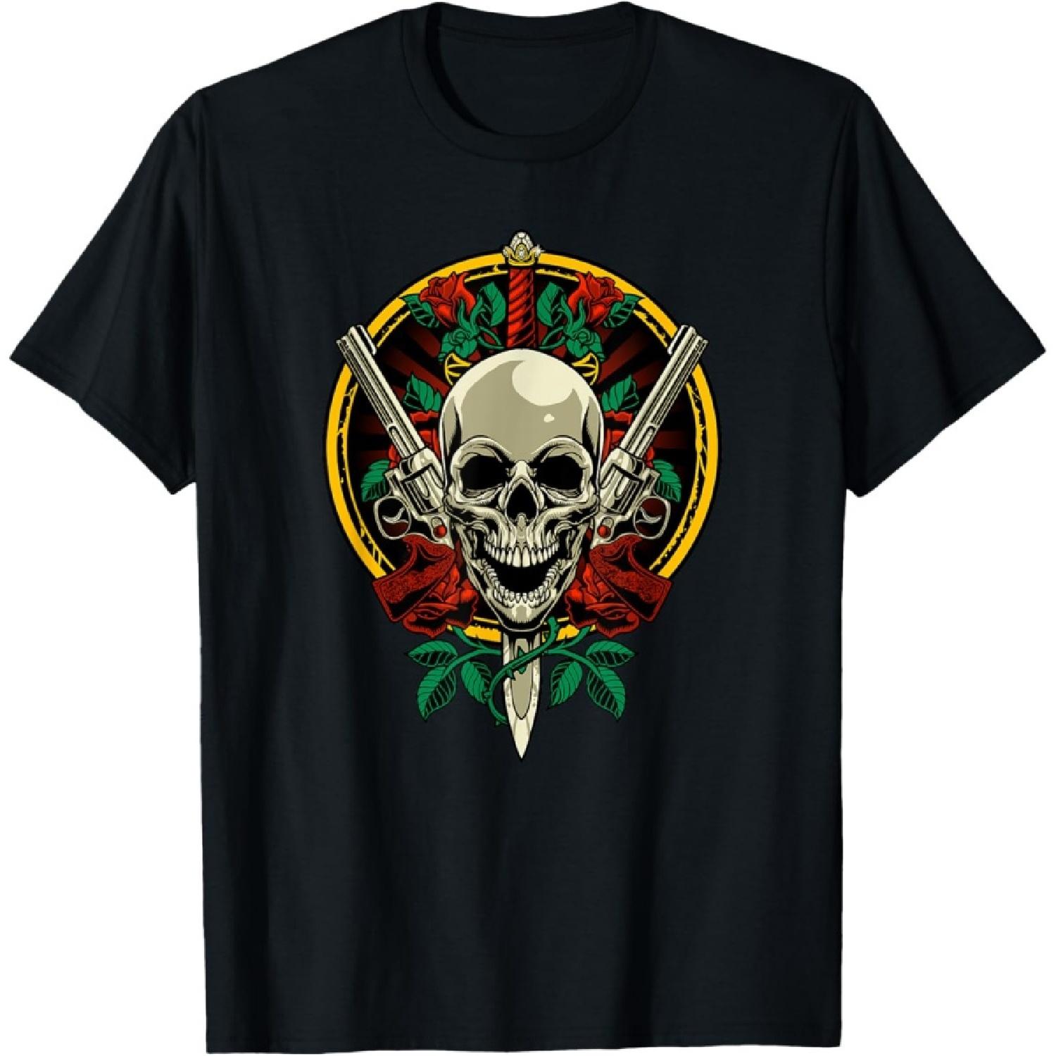 Skull Face with Roses - 80s 90s Rock Music Guns and Skull T-Shirt S