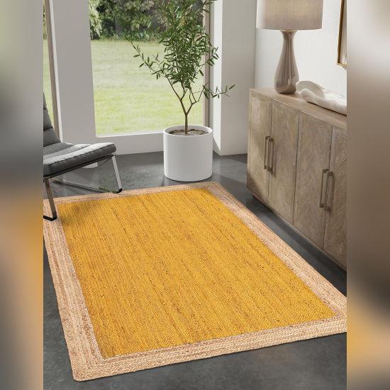 Aizza Trends Indian Handmade Braided Inner Yellow Natural Jute Area Rug- Jute Rug- Dining Room- Living Room