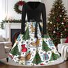 Women's Casual Vintage V-Neck Long Sleeve Dress with Christmas Print