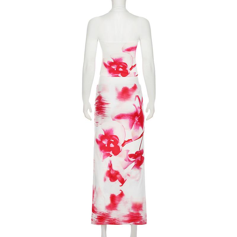 European & American Slimming Set: Resort Style Printed Vest with Impressionist Half Skirt
