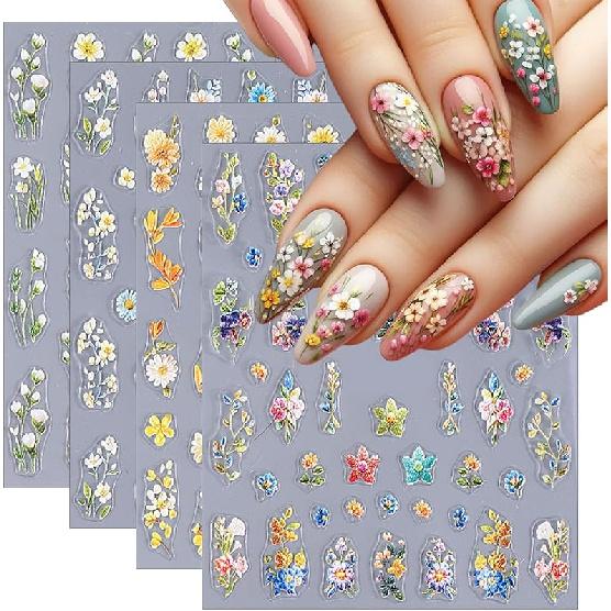Spring Flower Nail Stickers Colorful Petals Beauty Summer Flowers Leaves Plants 5D Embossed Nail Decals Self-Adhesive Sunflower Daisy Nail Art