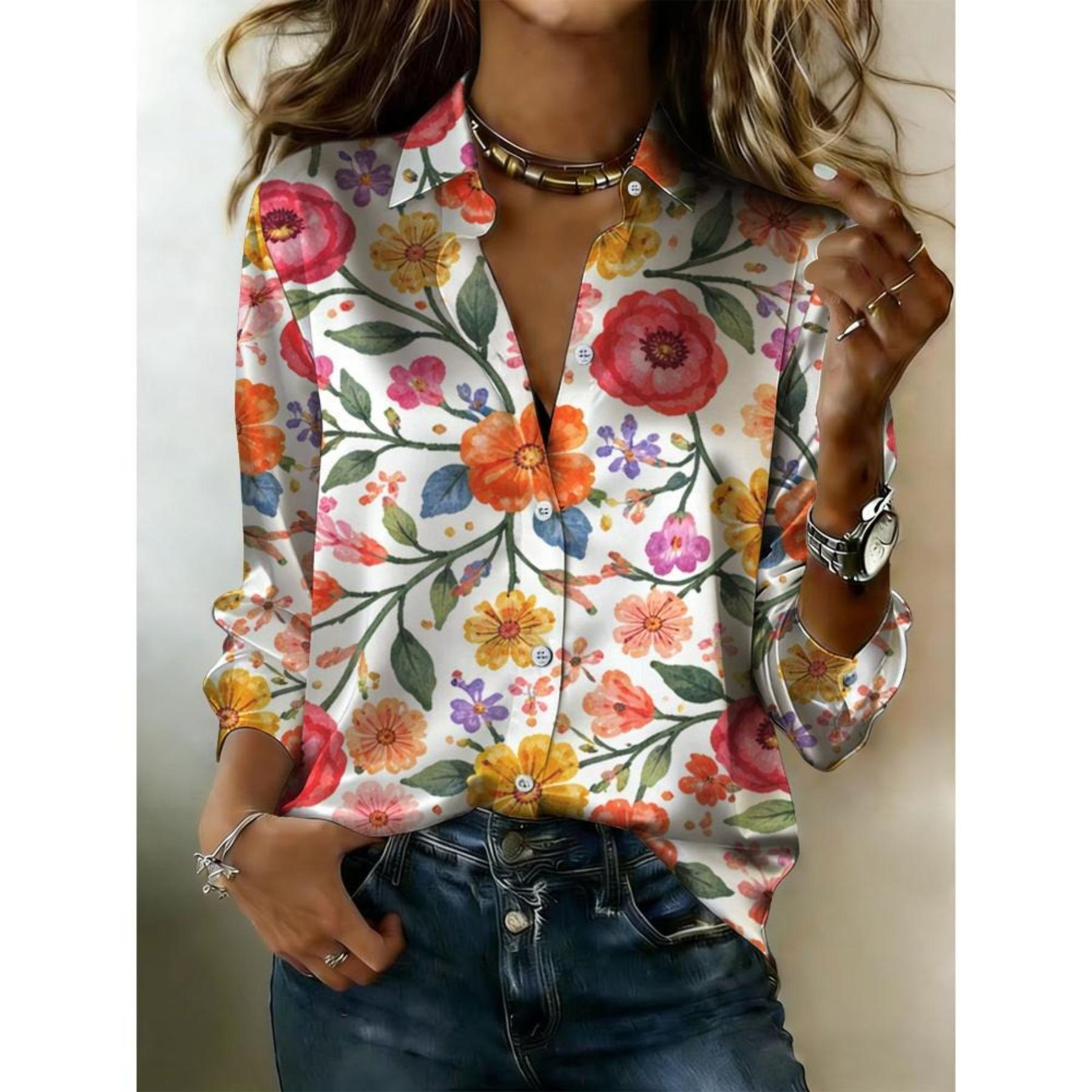 

Women s vintage floral print button-down shirt, a full floral blouse, suitable for spring, casual and daily wear, a must-have item for your wardrobe S