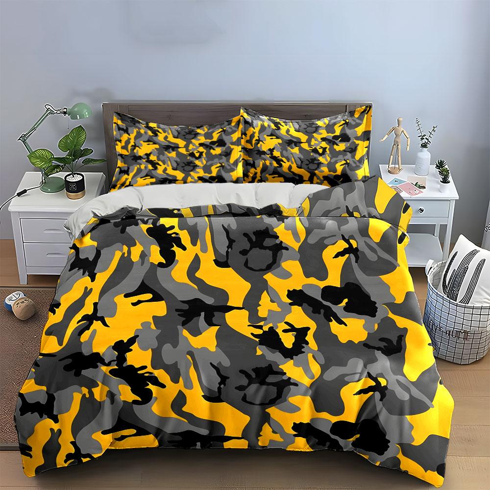 Gelb-Grau Camouflage Muster Bettwäsche Bettbezug Set  (1*Bettbezug 2*Kissenbezüge, ohne Bettdecke)