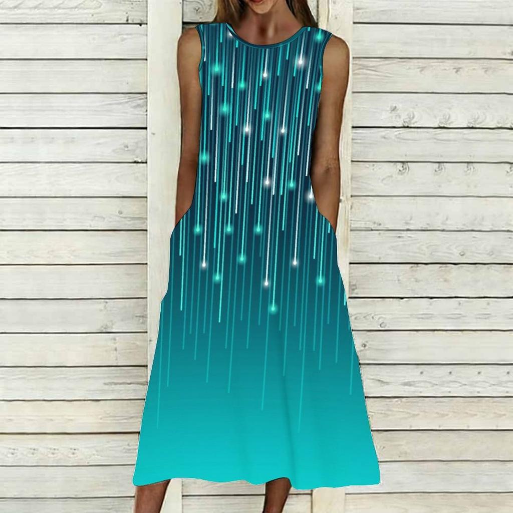Ladies Oversized Sleeveless Round Neck Dress Vivid Cluster Floral Printed Loose Midi Dress