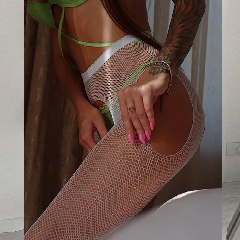 Adult BodyStockings Crotchless Sex Tights Teddy Lingerie Fishnet Stockings Women's Underwear Expose Buttocks Rhinestone Bodysuit