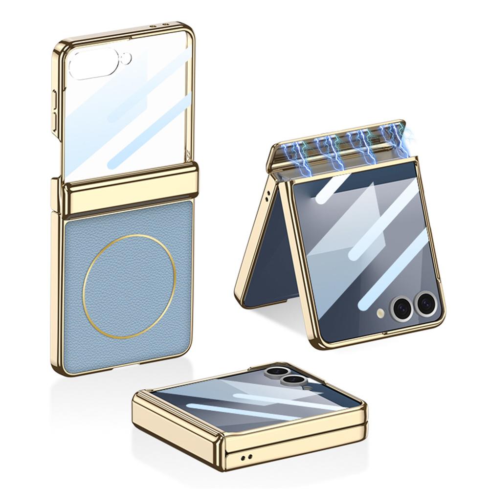 GKK For Samsung Galaxy Z Flip7 5G Magnetic Case Hinge Protection PU PC Tempered Glass Phone Cover