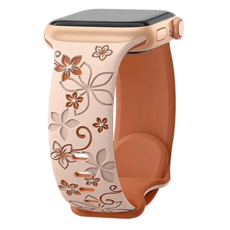 3D Floral Engraved Silicone Sport Strap Band For Apple Watch Ultra 2 49mm S10 11 42 46mm 44 45 41 38 40mm iWatch SE 9 8 7 6 5 3