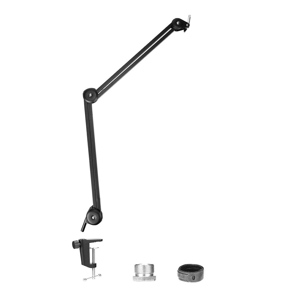 Adjustable microphone arm stand with shock-mounted basket for desk - black
