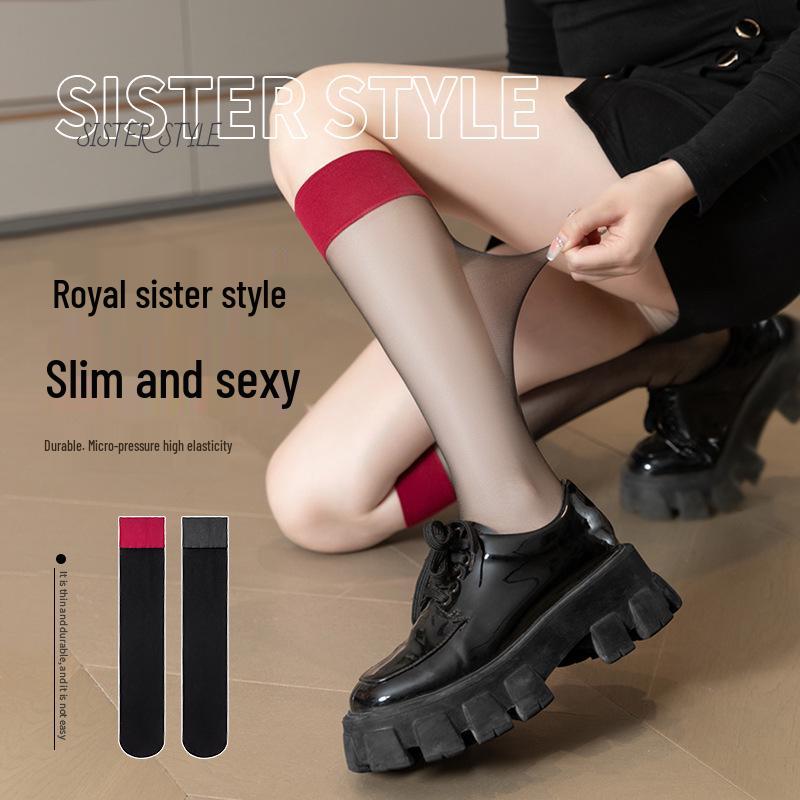 Red Edge Anti-Snag Black Stockings for Women - Durable Silicone Anti-Slip Thigh-High Over-Knee Fashion Socks