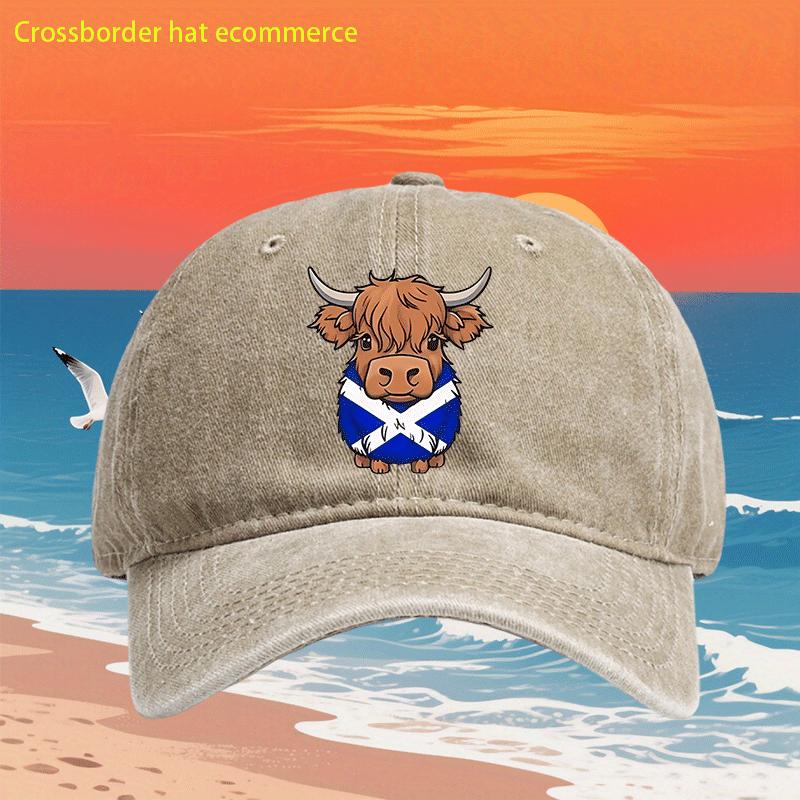 Highland Cow Scottish Flag Print Washed Baseball Cap Retro Adjustable Casual Dad Hat for Men Women