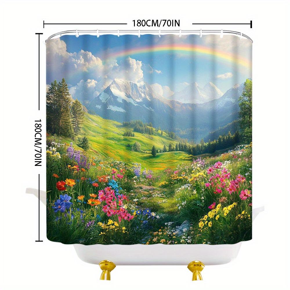 Alpine Meadow Shower Curtain, Wildflowers & Mountains, Polyester, 12 Hooks, Machine Washable