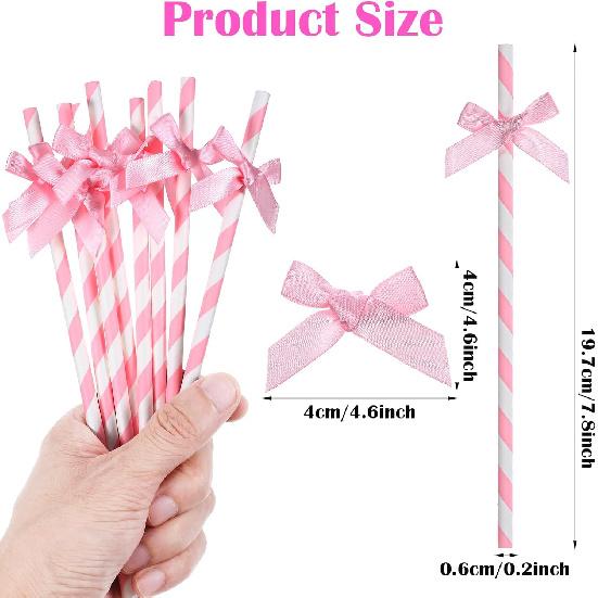 30Pcs Pink Paper Straws for Drinking, Cute Pink Bow Party Straws Bulk for Juice Coffee Tea Cocktail Milkshake