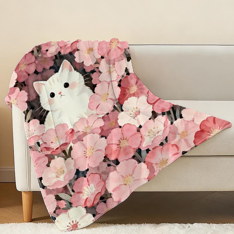 Thick Warm Flannel Blanket – Cute Cat & Floral Soft Skin-Friendly Cozy Throw Blanket for Home Nap, Guest Room, Halloween & Christmas Decor