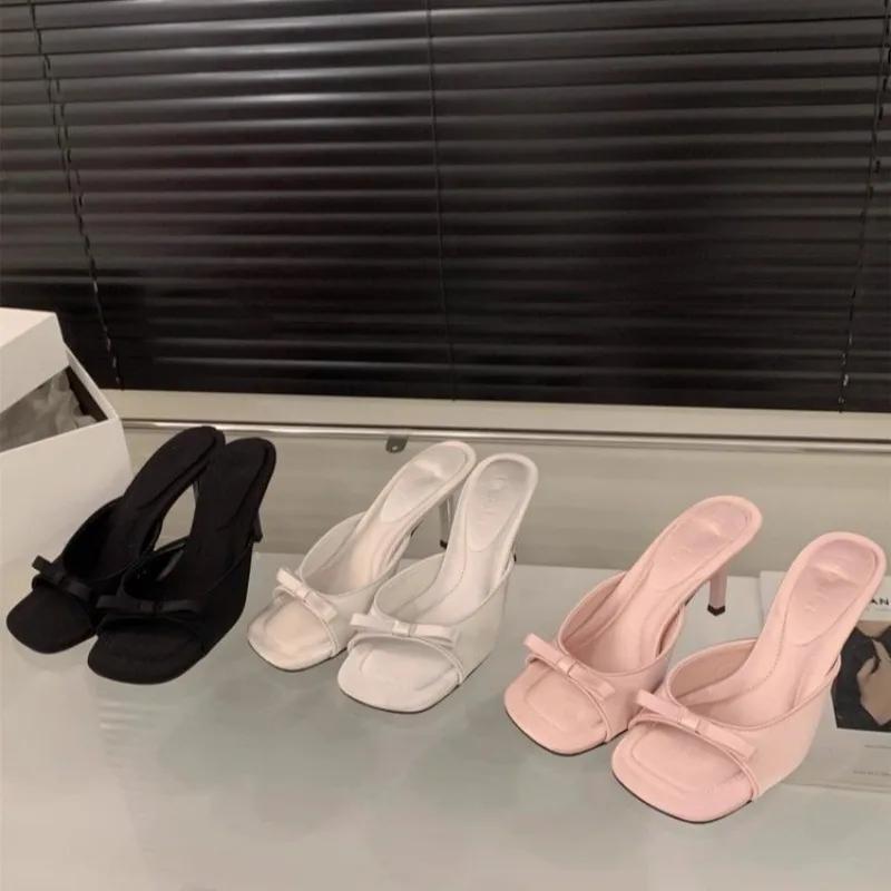 Fashion Slipper Mules Low High Heels Shoes Summer Solid Color Females Square Head Open Toe Bow Strappy Sandals Women Heeled Slipper