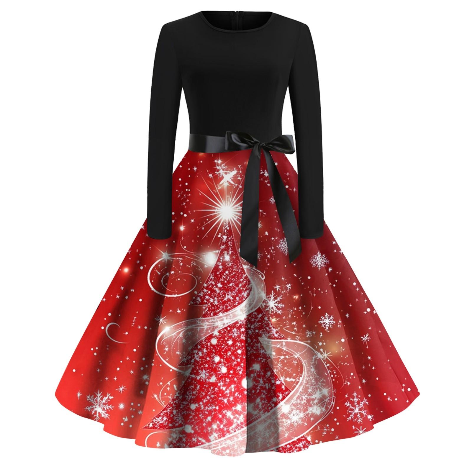 

Женская мода с круглым вырезом, повседневные тонкие рождественские платья с длинным рукавом и принтом XL киноварь