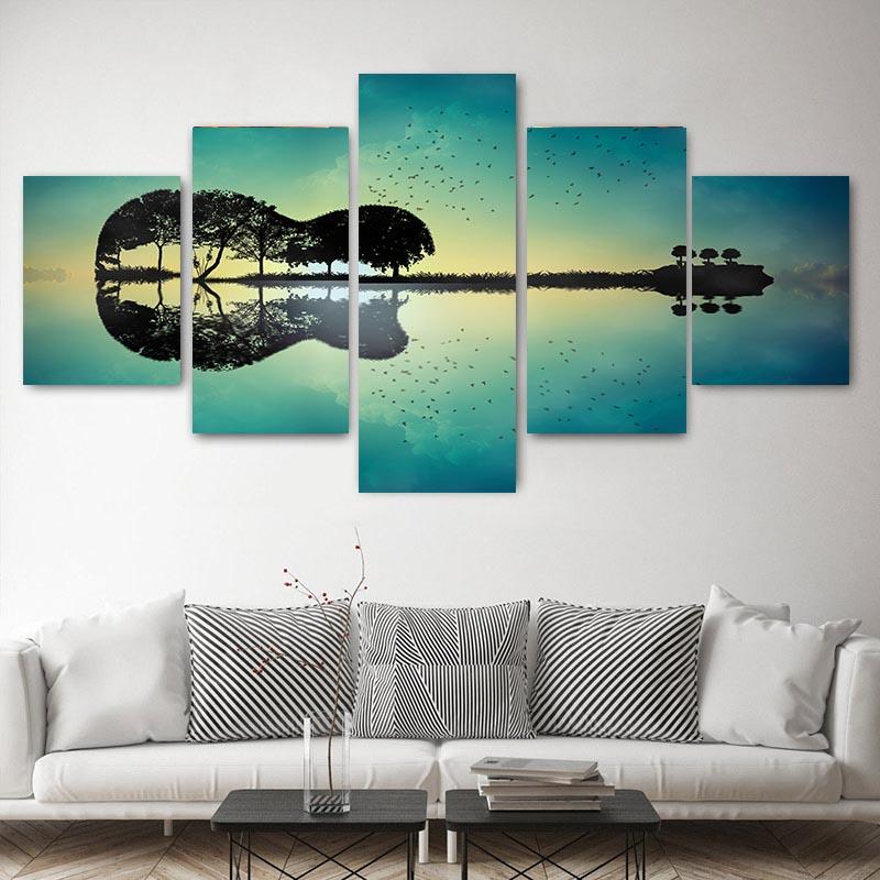 

5 шт., современный пейзаж, холст, картина, закат, гитара, дерево, озеро, постеры и принты для гостиной, домашний декор, без рамки 20x35cm*2 20x45cm*2 20x55cm*1