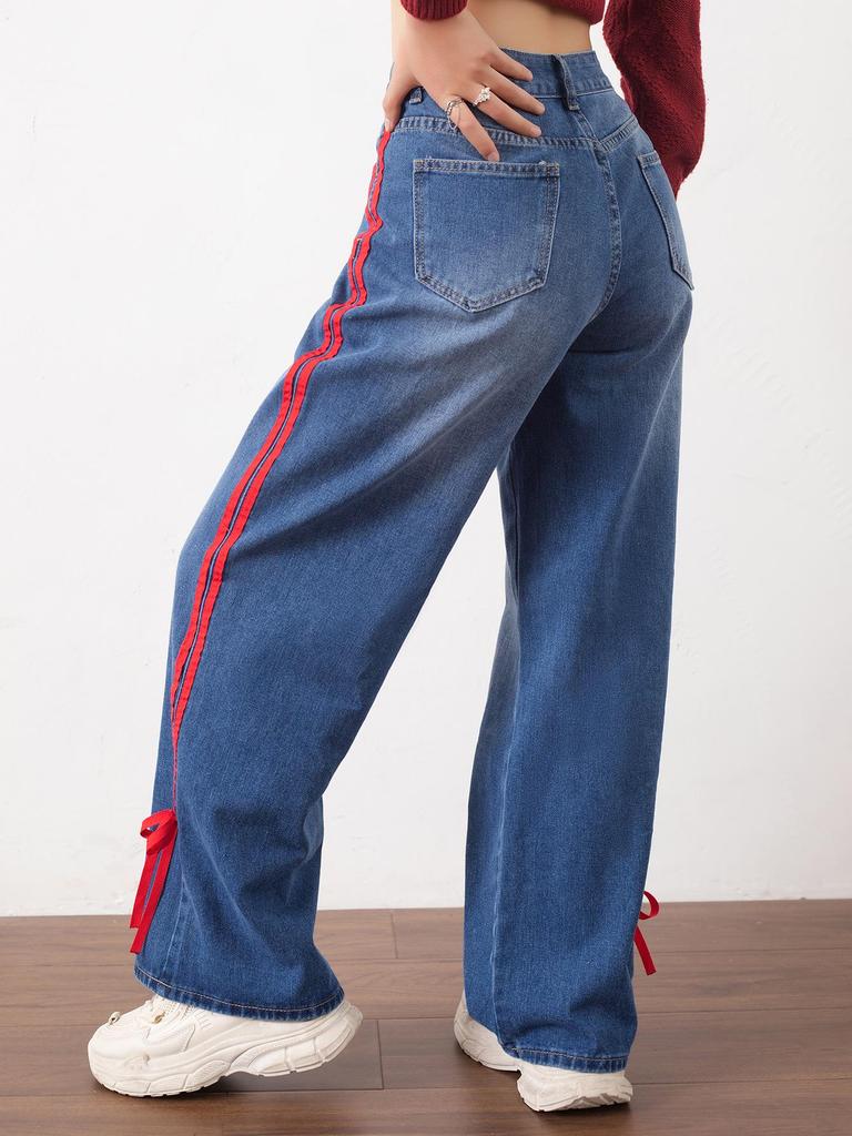 Womejeans Women's High Waist Patchwork Stripe Jeans - American Design, Spring/Summer, Loose & Slimming Fit