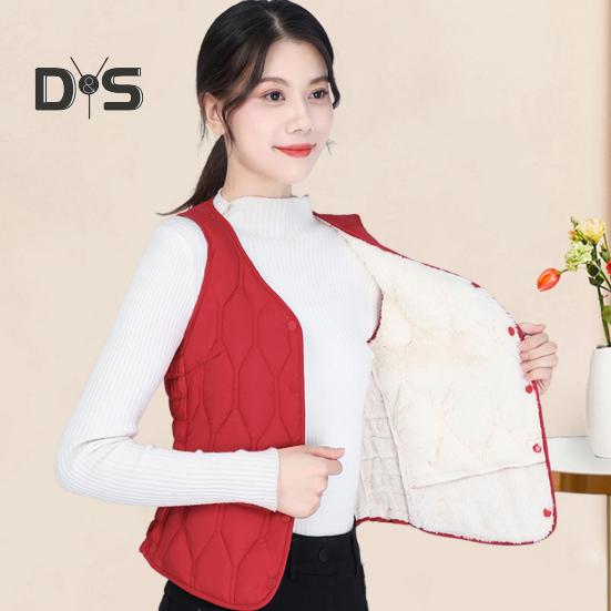 Wintermantel für Damen, Lagenlook, dünn, gepolstert, Knopfverschluss, V-Ausschnitt, ärmellos, einfarbig, winddicht, wärmespeichernd, Outdoor-Daunenmantel