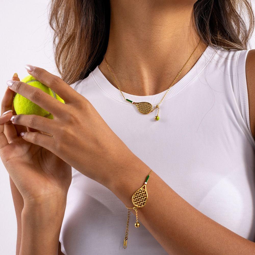 18K Gold Plated Tennis Racket Necklace Metal Chain Gold Clavicle Chain  Neck Jewelry