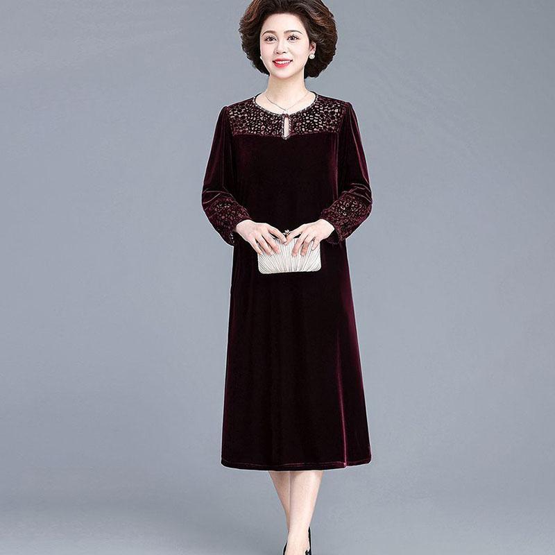Autumn Winter Women's Gold Velvet Dress Crew Neck Plus Size Dress Long Dresses