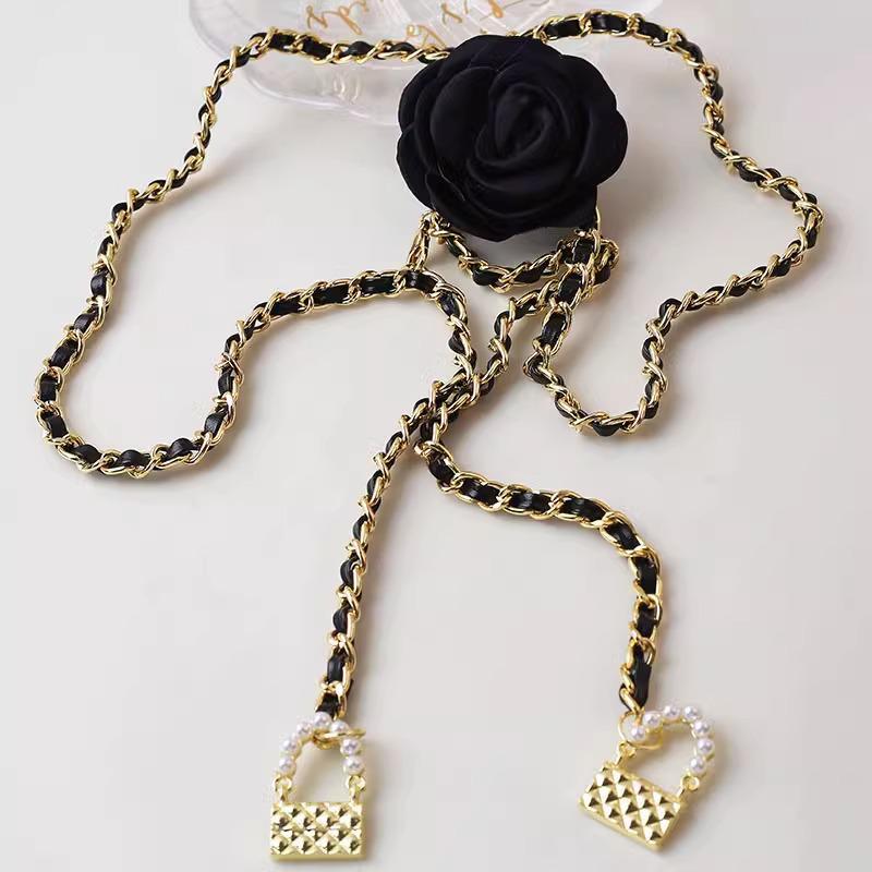 Korean Fashion Black & White Camellia Pearl Waist Chain Belt for Women