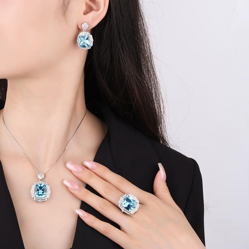 Jewelry Copper Bottom Gold-Plated Simulation Aquamarine Light Luxury Set Pendant 1 Ring 4 * 16 Earrings 12 * 14