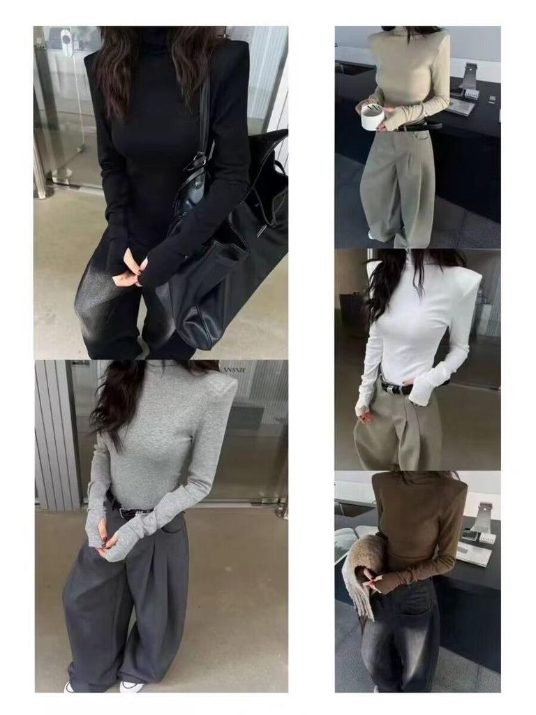 Women's White High-Neck Velvet Long Sleeve T-Shirt with Padded Shoulders - Slim Fit for Autumn/Winter 2025