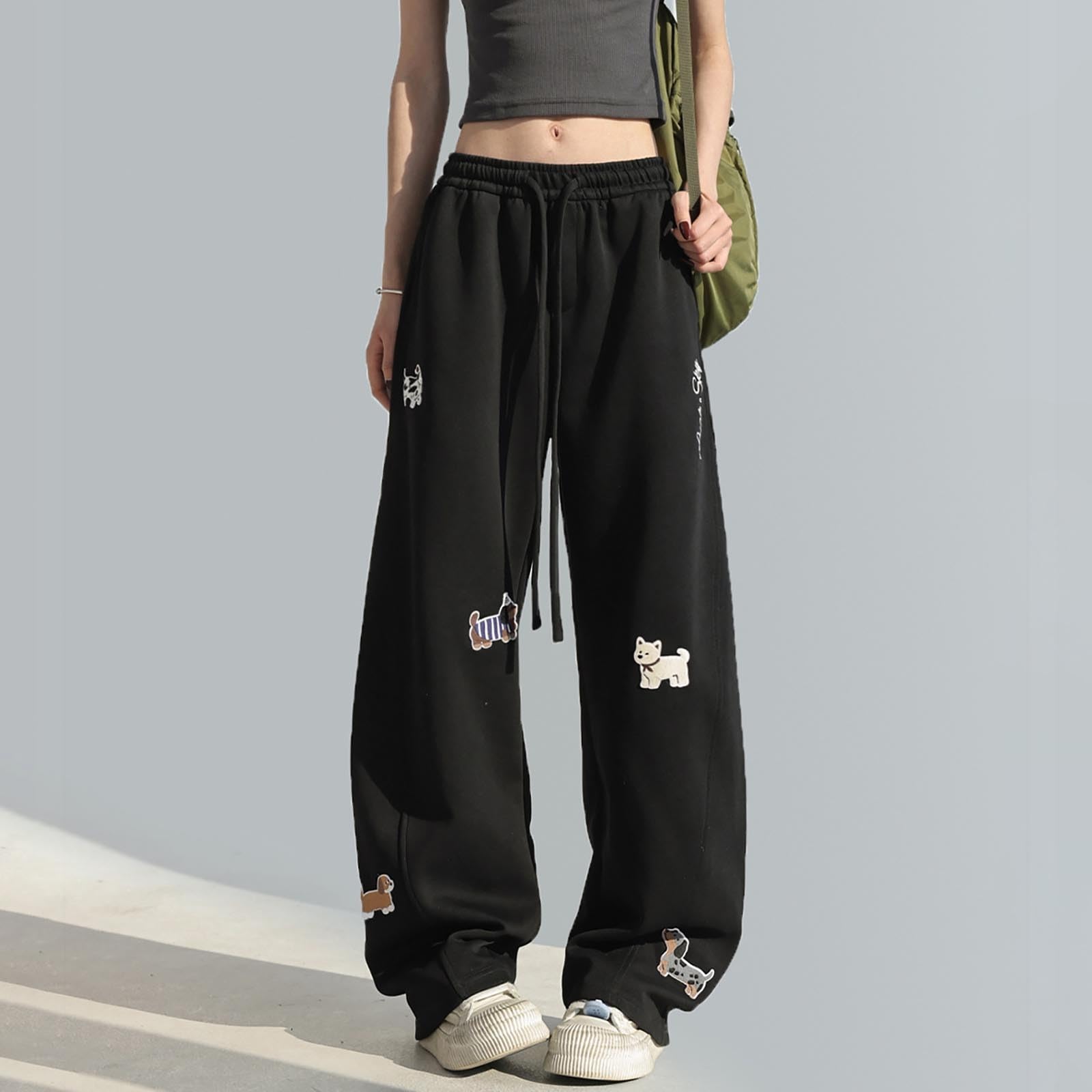 

Women s Fashionable Embroidered Elastic Waist Pocket Loose Wide Leg Casual Sweatpants XL чорний