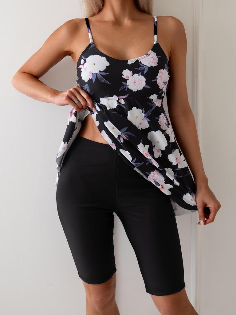 2026 Euro-American Fashion Women's Slimming Two-Piece Swimsuit with Tummy-Covering Shorts and Skirt-Style Digital Print Capri Pants Bikini.