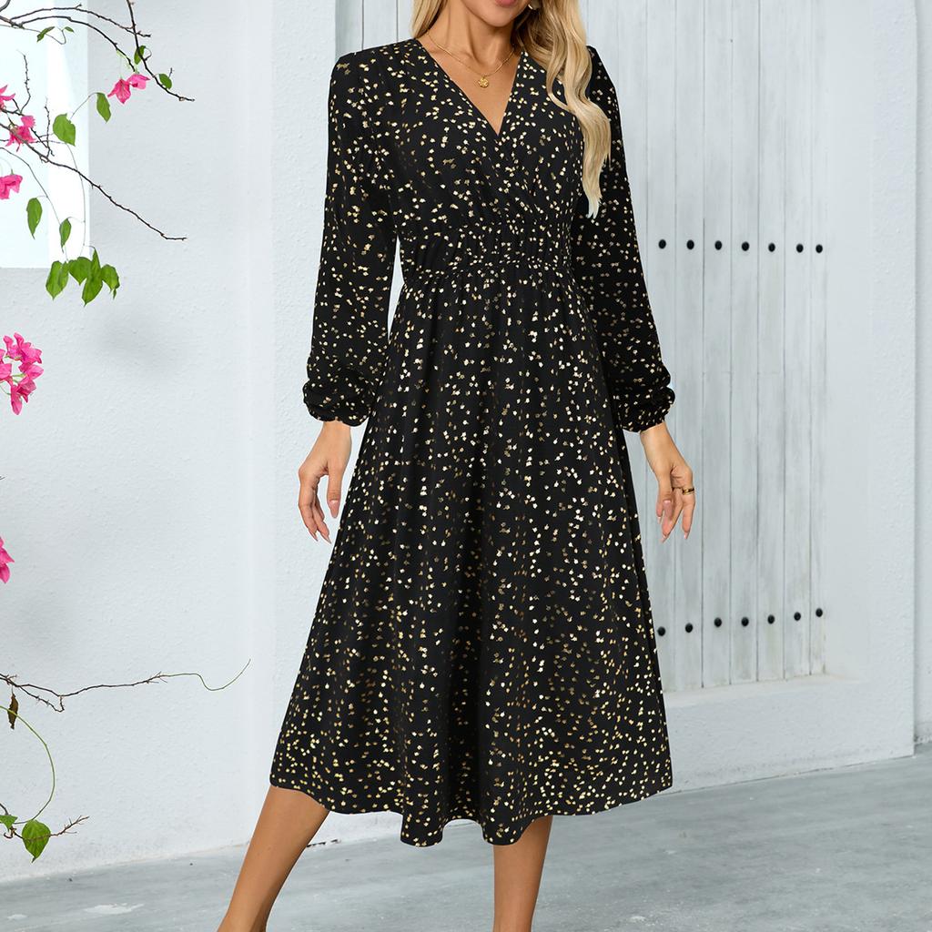 Women's Fashion Sexy Long Sleeve V-Neck Banquet Dresses Dresses Midi Slim Waist Shiny Shiny Dresses