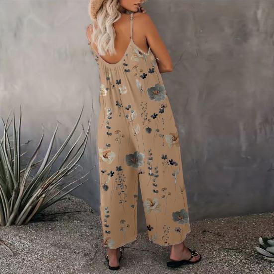 Summer Women Jumpsuit Adjustable Spaghetti Strap Backless Sleeveless Wide Leg Loose Floral Print Deep Crotch Side Pockets Pleated Vacation