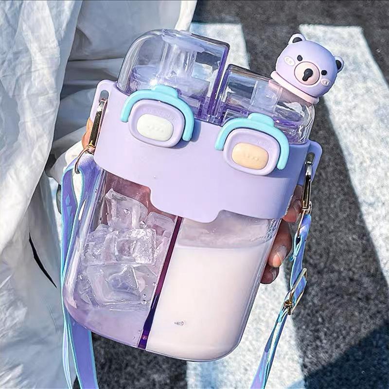 Large Capacity Straws Plastic Water Cup Rietjes Plastic Children's Kettle Cute Compartment Double Drink Cup Crossbody