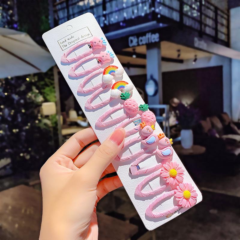 10 pçs/conjunto Meninas Bonito Desenho Animado Unicórnio Arco-Íris Flor Presilhas de Cabelo Crianças Doce Decoração de Cabelo Franja Grampos de Cabelo Acessórios de Cabelo